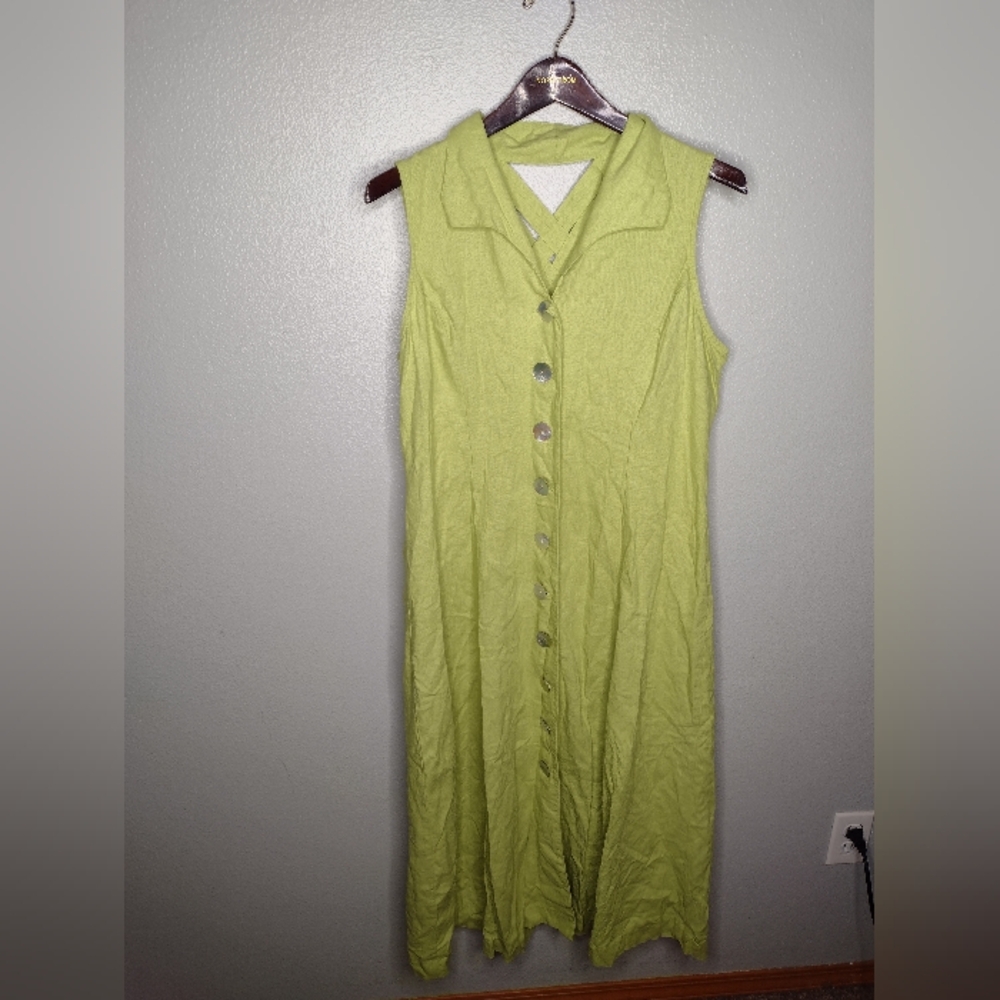 White Stag Linen Maxi Dress 16 Green Strappy Sleeveless Button Minimalist A18